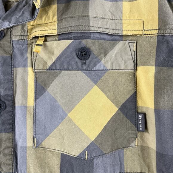 Simms Shirt Mens Medium M Yellow Gray Plaid Button Up Pocket Fishing Short - Picture 3 of 6